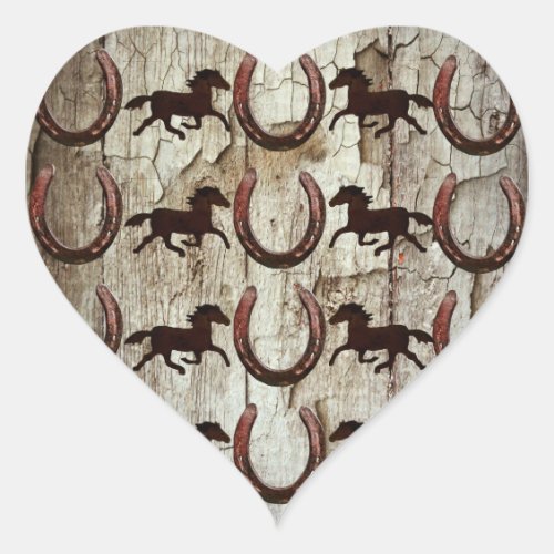 Horses Horseshoes on Barn Wood Cowboy Gifts Heart Sticker