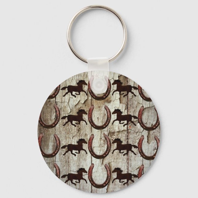 Horses Horseshoes on Barn Wood Cowboy Gifts Keychain (Front)