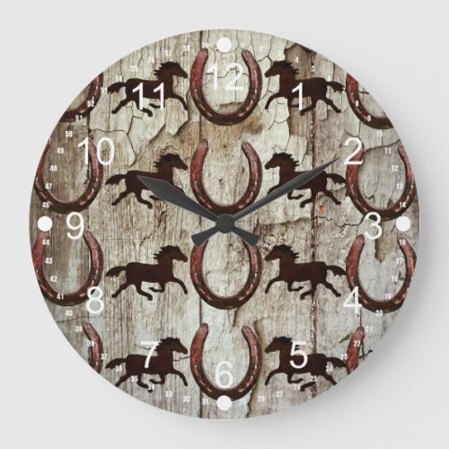 Horses Horseshoes on Barn Wood Cowboy Gifts Large Clock