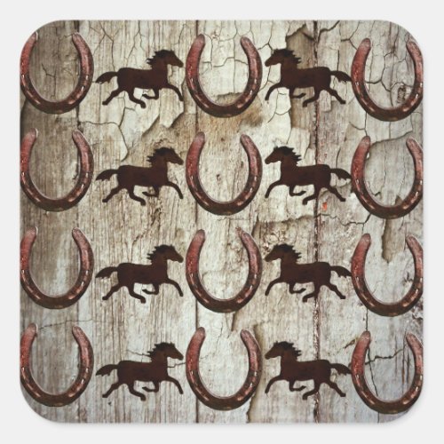 Horses Horseshoes on Barn Wood Cowboy Gifts Square Sticker