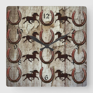 Horses Horseshoes on Barn Wood Cowboy Gifts Square Wall Clock