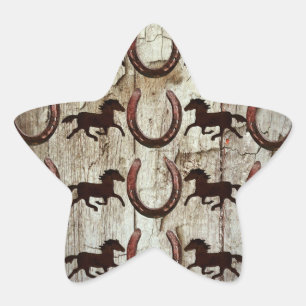 Horses Horseshoes on Barn Wood Cowboy Gifts Star Sticker