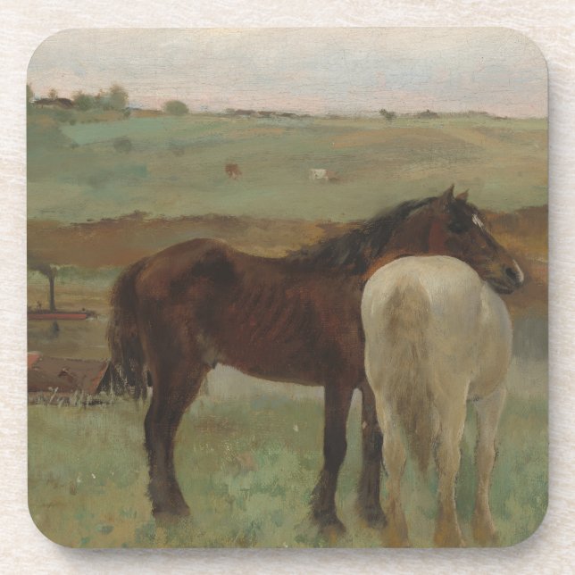 Horses in a Meadow, Oil Painting, Edgar Degas Beverage Coaster (Front)