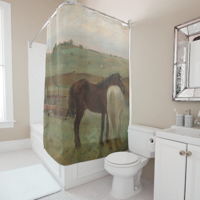 Horses in a Meadow, Oil Painting, Edgar Degas Shower Curtain (In Situ)