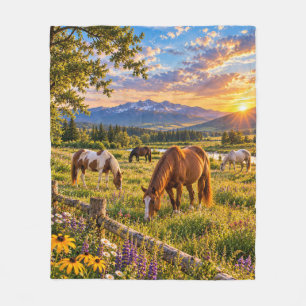 Horses in a Mountain Meadow Fleece Blanket