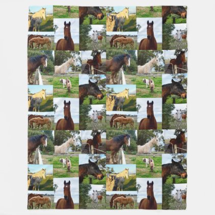 Horses In A Photo Collage, Large Fleece Blanket.