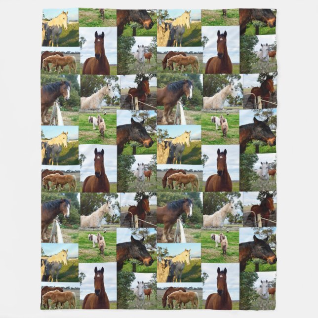 Horses In A Photo Collage, Large Fleece Blanket. Blanket (Front)