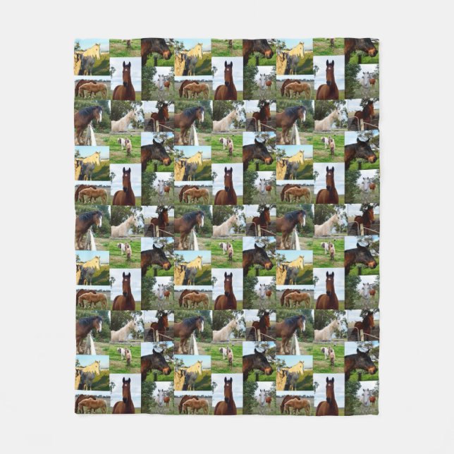 Horses In A Photo Collage, Medium Fleece Blanket. Blanket (Front)