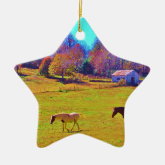 Horses in a Rainbow Colored Field Ceramic Ornament