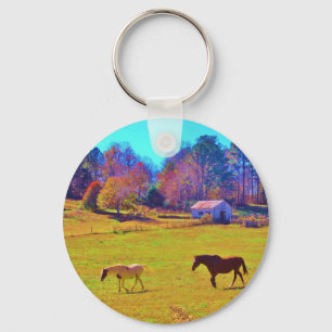 Horses in a Rainbow Colored Field Keychain