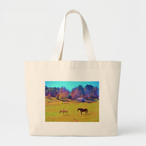Horses in a Rainbow Colored Field Large Tote Bag