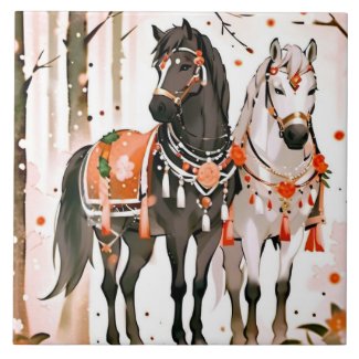 Horses in a Red Forest Ceramic Tile