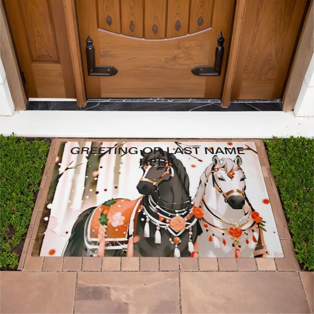 Horses in a Red Forest Custom Doormat (Outdoor)