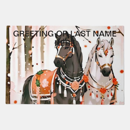 Horses in a Red Forest Custom Doormat