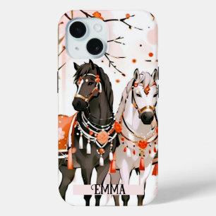 Horses in a Red Forest Custom Name iPhone 15 Case