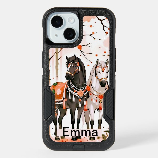 Horses in a Red Forest Custom Name iPhone 15 Case (Back)