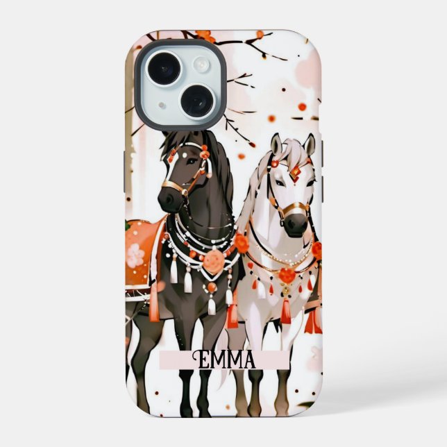 Horses in a Red Forest Custom Name Iphone Case (Back)
