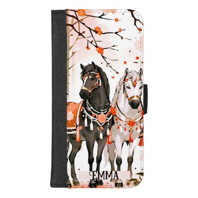 Horses in a Red Forest Custom Name iPhone Wallet Case (Front)