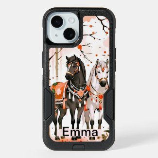 Horses in a Red Forest Custom Name iPhone Case