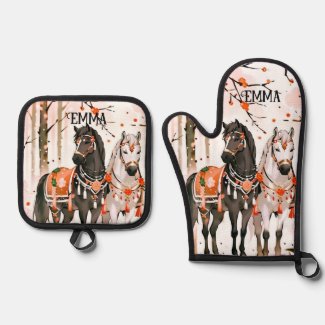 Horses in a Red Forest Custom Name Oven Mitt & Pot Holder Set