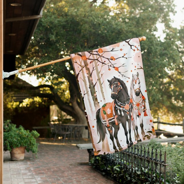 Horses in a Red Forest House Flag (In SItu)