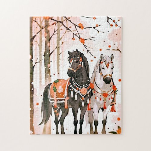 Horses in a Red Forest Jigsaw Puzzle