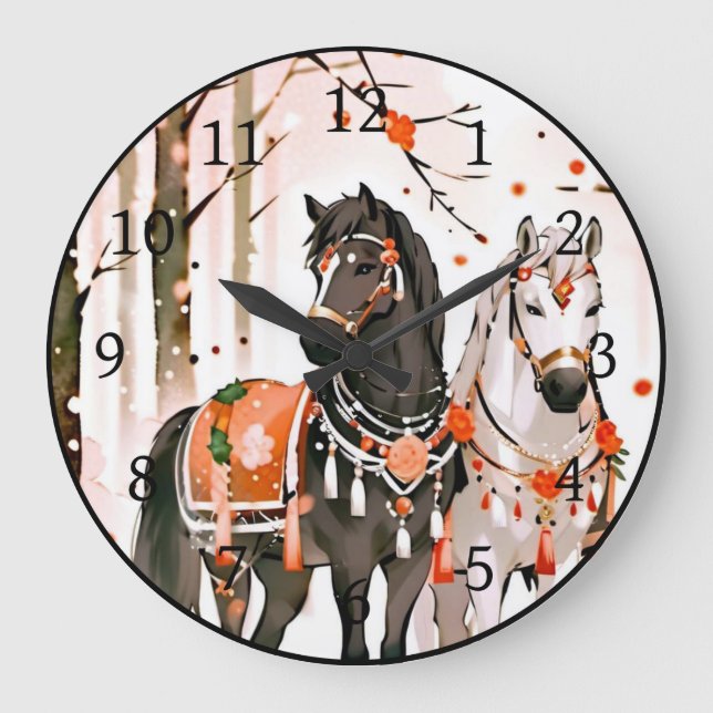 Horses in a Red Forest Large Clock (Front)