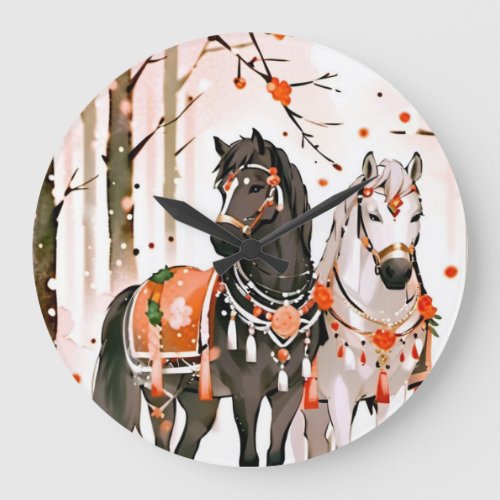 Horses in a Red Forest Large Clock
