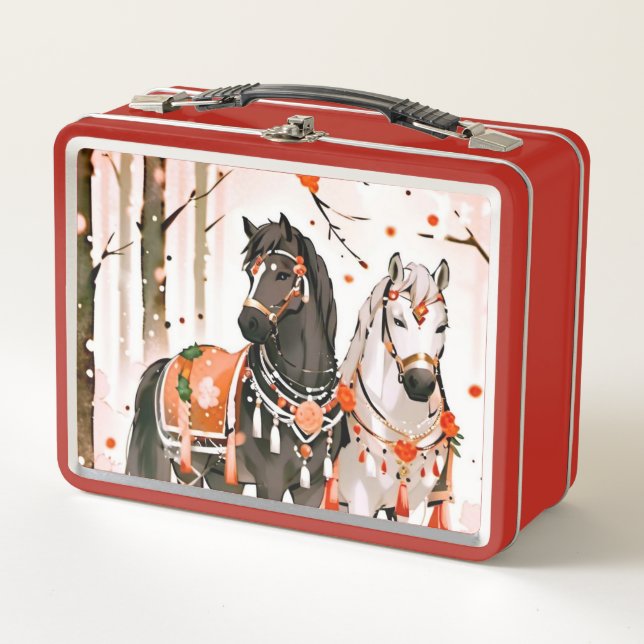 Horses in a Red Forest Metal Lunch Box (Front)
