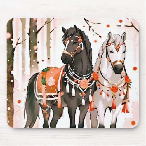 Horses in a Red Forest Mouse Pad