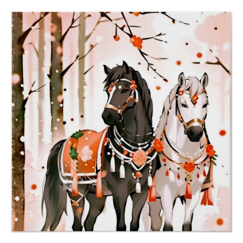 Horses in a Red Forest Poster