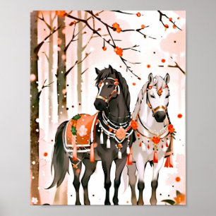 Horses in a Red Forest Poster
