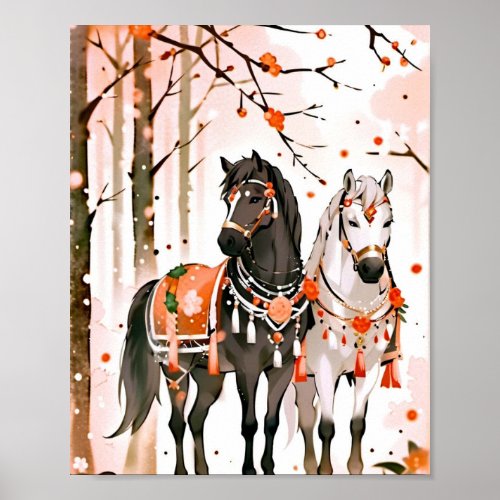 Horses in a Red Forest Poster