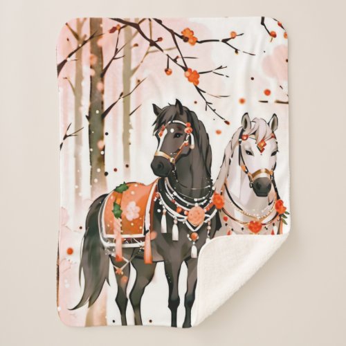 Horses in a Red Forest Sherpa Blanket