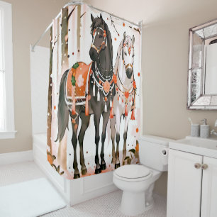 Horses in a Red Forest Shower Curtain