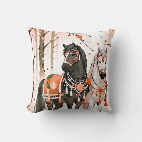 Horses in a Red Forest Throw Pillow
