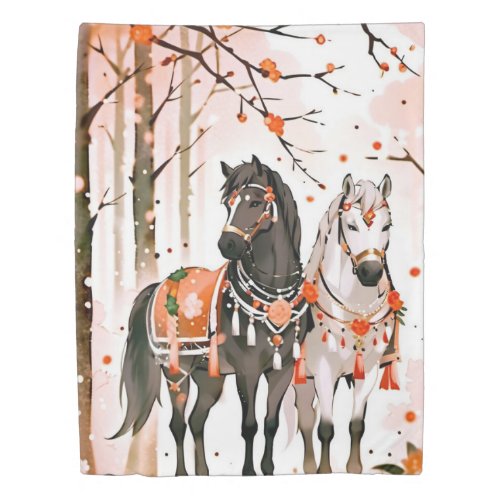 Horses in a Red Forest Twin Size Duvet Cover