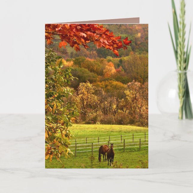 Horses in Autumn Thanksgiving Holiday Card (Front)