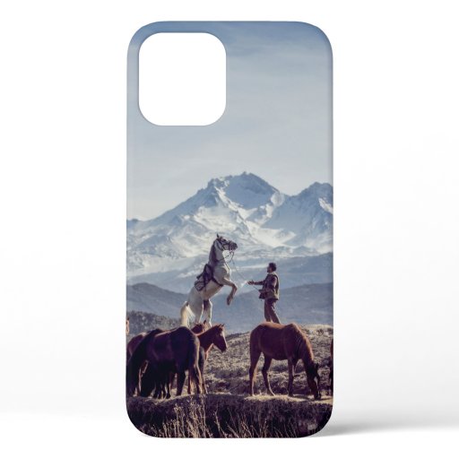 HORSES IN BROWN OPEN FIELD VIEWING MOUNTAIN AT DAY iPhone 12 CASE