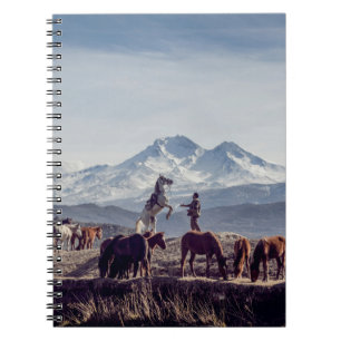 HORSES IN BROWN OPEN FIELD VIEWING MOUNTAIN AT DAY NOTEBOOK
