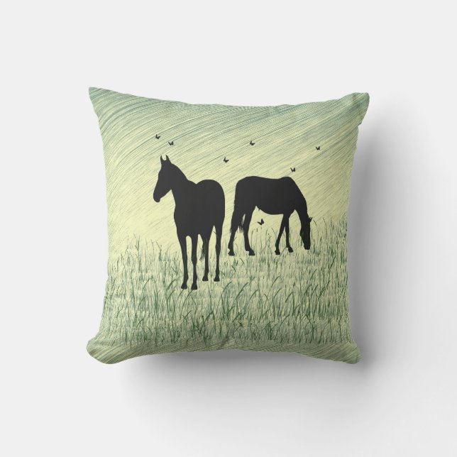 Horses in Field Outdoor Pillow (Front)