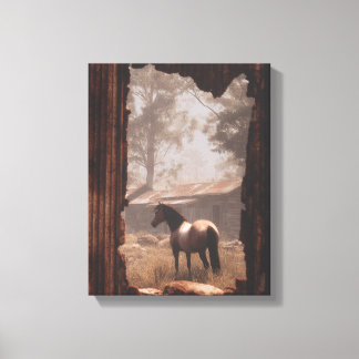 Horses in Forest Clearing Sunbeam Art Canvas Print