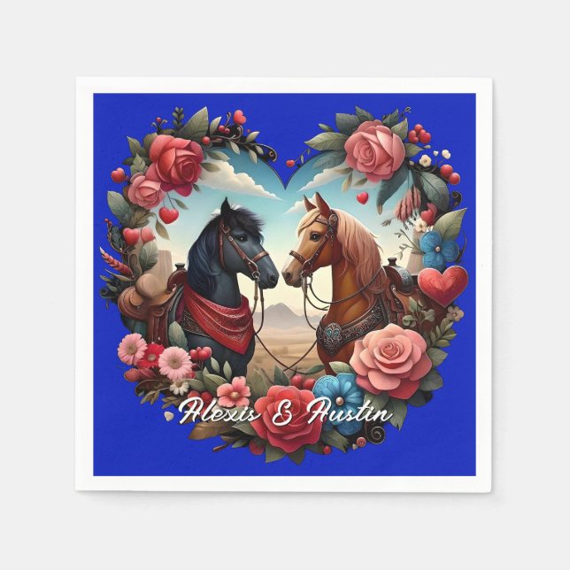 Horses in Heart Blue Napkins (Front)