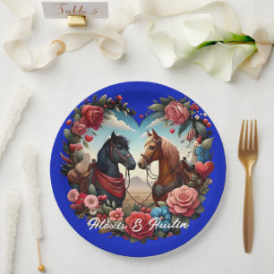 Horses in Heart Blue Paper Plates