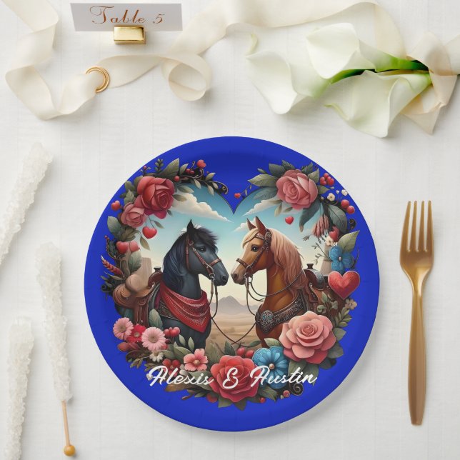 Horses in Heart Blue Paper Plates (Wedding)