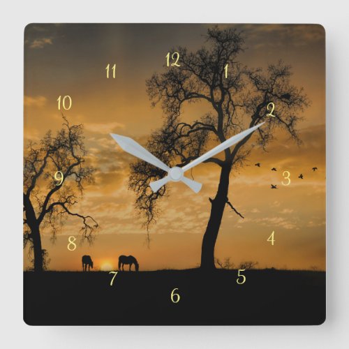 Horses in Nature and Sunset Beautfiul Square Wall Clock