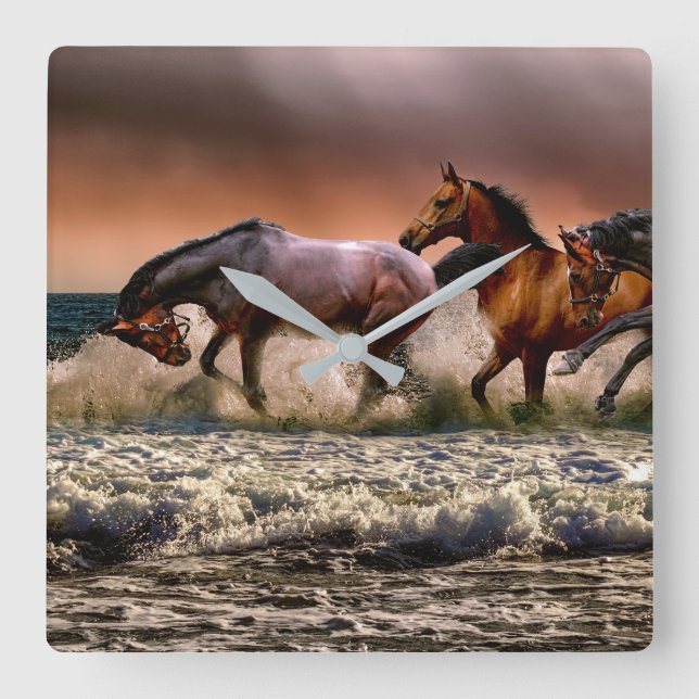 Horses in Ocean Photo at Sunset Wall Clock (Front)