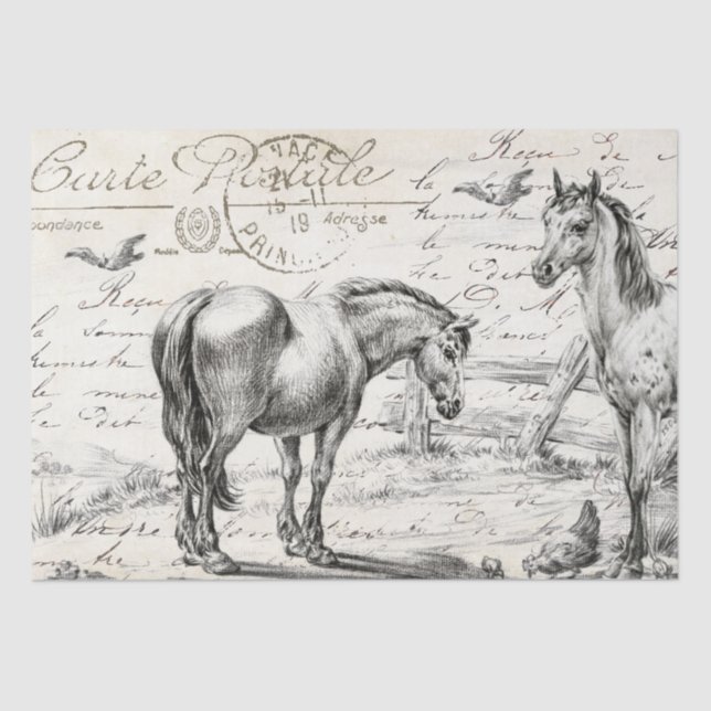 Horses in Pasture Fence French Script Decoupage    Tissue Paper (Front)