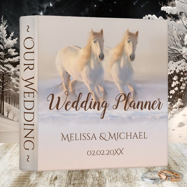 Horses in Snow Winter Wedding Binder (A romantic wedding binder featuring two white horses running in the snow)