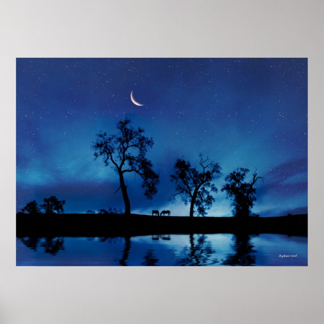Horses in the Countryside Surreal Night Sky  Poster (Front)